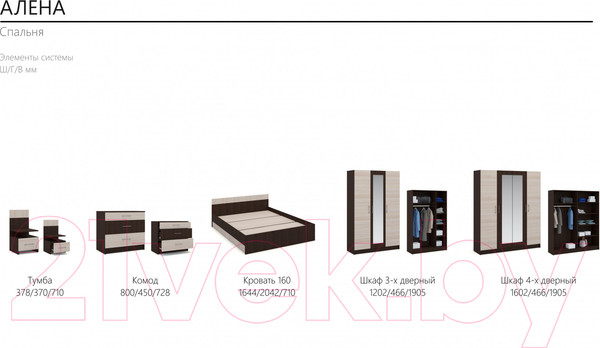 Изображение товара Комплект мебели для спальни Империал Алёна 4 (венге/дуб молочный)