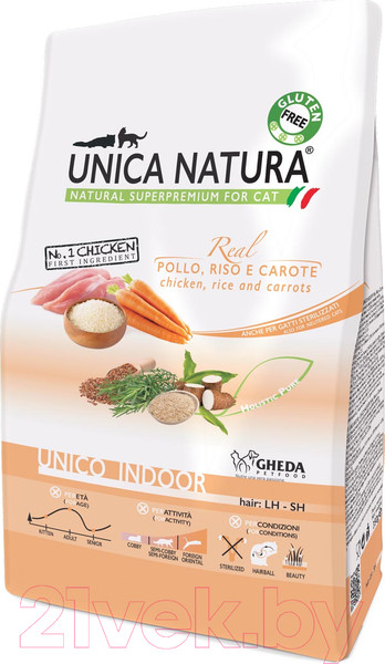 Изображение товара Сухой корм для кошек Gheda Petfood Unica Natura Indoor курица, рис, морковь (350г)