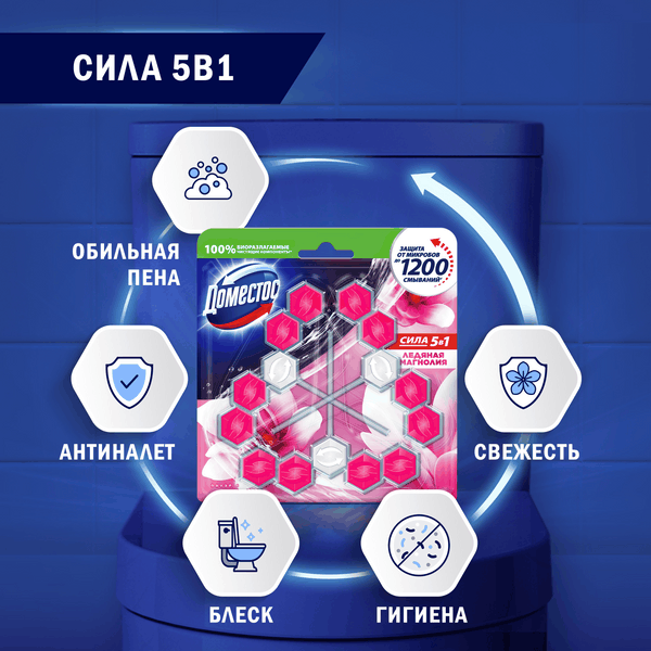 Изображение товара Чистящее средство для унитаза Domestos Ледяная магнолия Трио (3x55г)