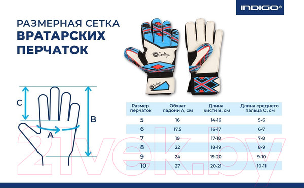 Изображение товара Перчатки вратарские Indigo Sport 2023-D (размер 8, белый/голубой)
