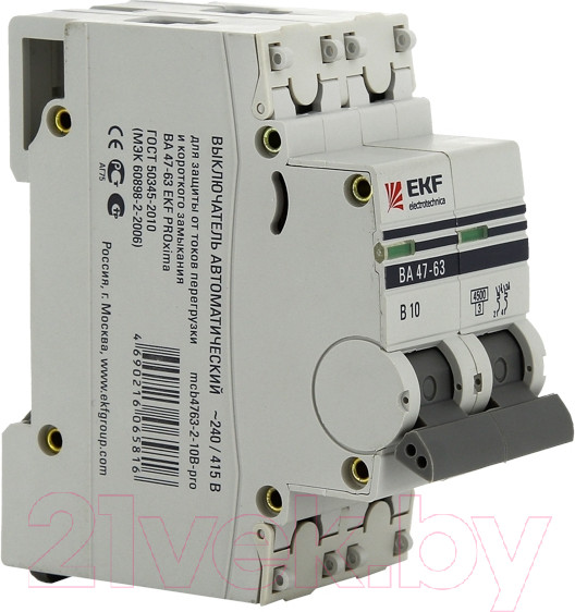 Изображение товара Выключатель автоматический EKF ВА 47-63 2P 10А (C) PROxima / mcb4763-2-10C-pro