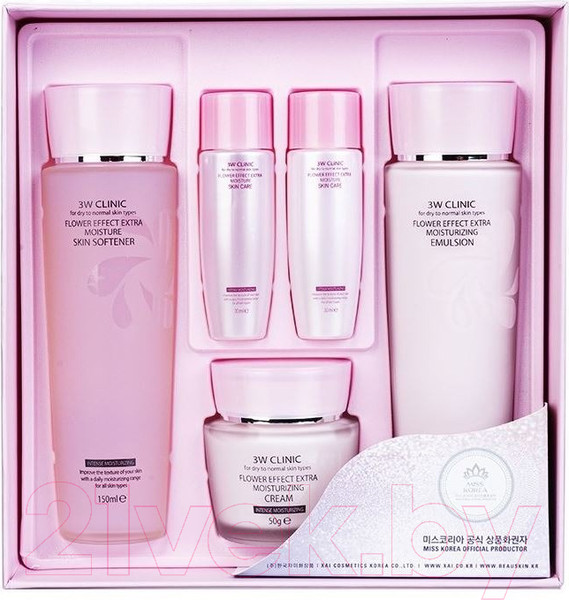 Изображение товара Набор косметики для лица 3W Clinic Flower Effect Extra Moisturizing 3 Kit Set (150мл+150мл+50мл+30мл+30мл)