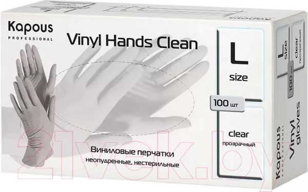 Изображение товара Перчатки одноразовые Kapous Professional Vinyl Hands Clean (L, 100шт, прозрачный)