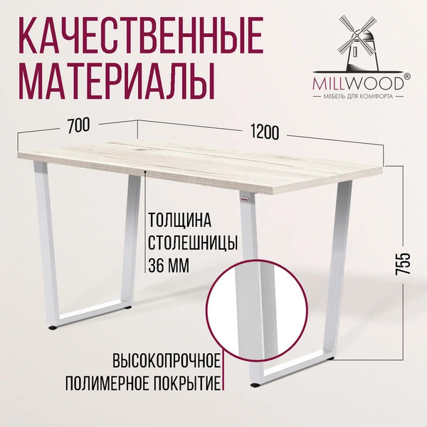 Изображение товара Обеденный стол Millwood Лофт Уэльс Л 120x70x75 (дуб белый Craft/металл белый)