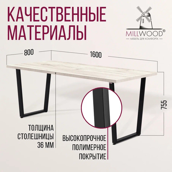 Изображение товара Обеденный стол Millwood Лофт Уэльс Л 160x80x75 (дуб белый Craft/металл черный)