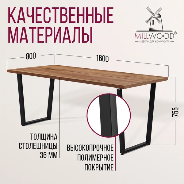 Изображение товара Обеденный стол Millwood Лофт Уэльс Л 160x80x75 (дуб табачный Craft/металл черный)
