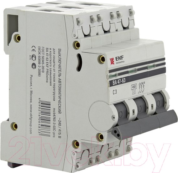 Изображение товара Выключатель автоматический EKF ВА 47-63 3P 10А (C) 4.5kA PROxima / mcb4763-3-10C-pro