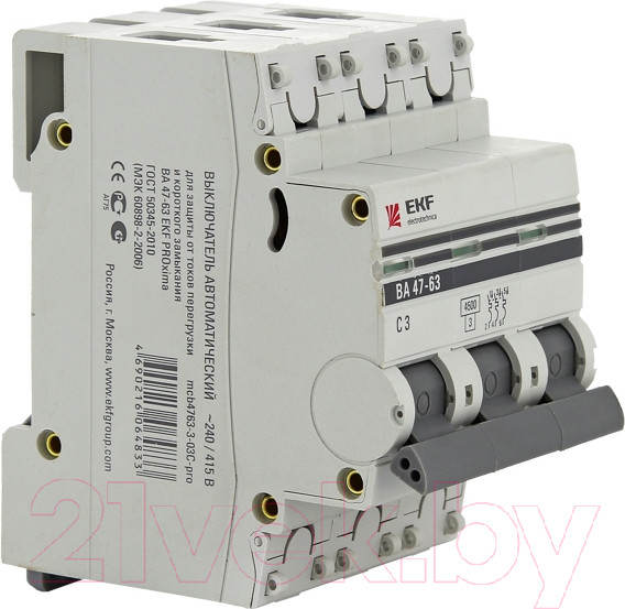 Изображение товара Выключатель автоматический EKF ВА 47-63 3P 6А (C) 4.5kA PROxima / mcb4763-3-06C