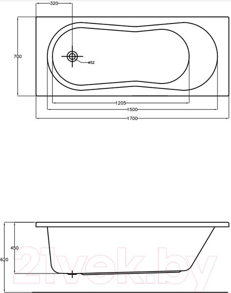 Изображение товара Ванна акриловая Cersanit Nike 170x70 / WP-NIKE-170-W (без ножек)