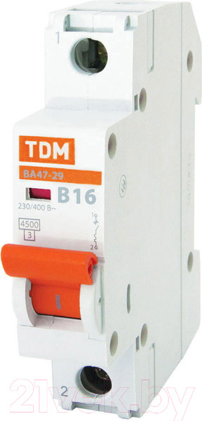 Изображение товара Выключатель автоматический TDM ВА 47-29 1Р 16А (В) 4.5кА / SQ0206-0010