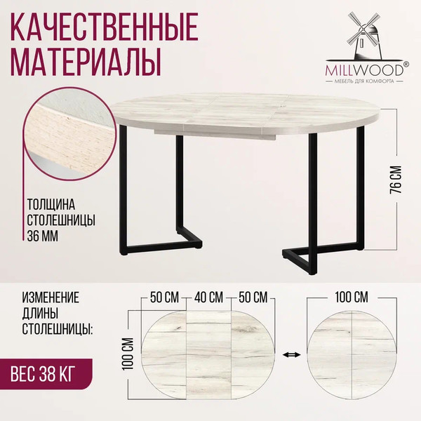 Изображение товара Обеденный стол Millwood Лофт Лондон Л D100 раздвижной / 100-140x100x76 (дуб белый Craft/металл черный)