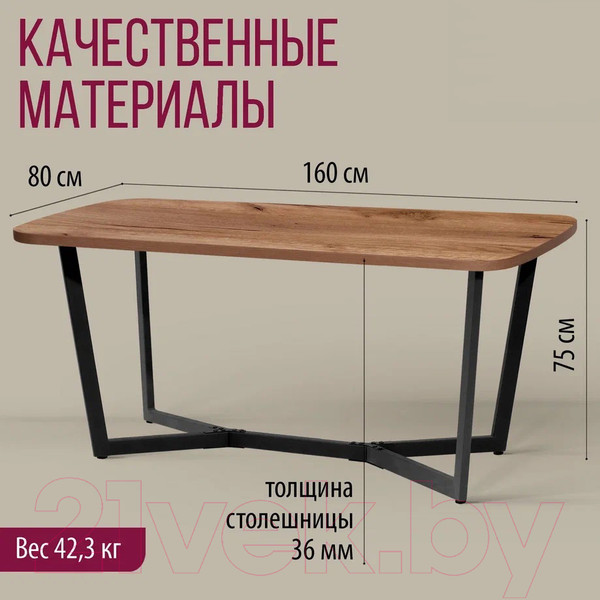 Изображение товара Обеденный стол Millwood Лофт Мюнхен Л 160x80x75 (дуб табачный Craft металл черный)