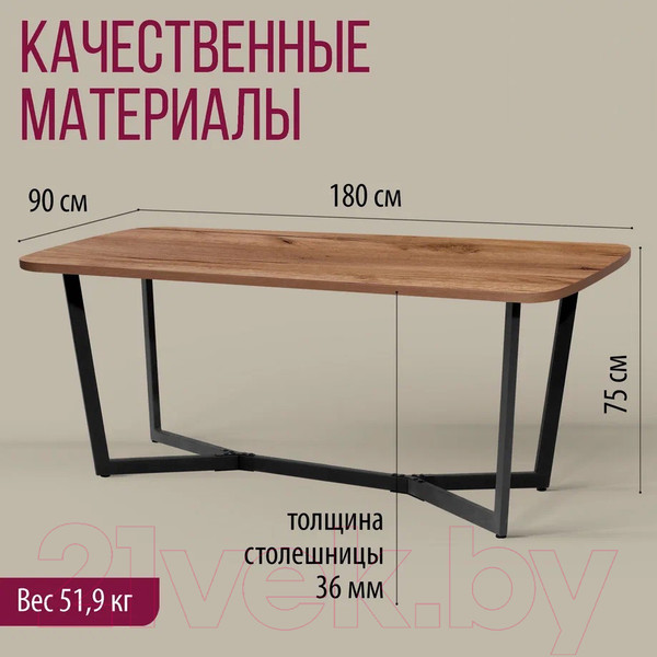 Изображение товара Обеденный стол Millwood Лофт Мюнхен Л 180x90x75 (дуб табачный Craft/металл черный)
