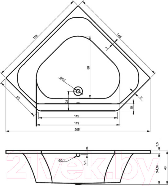 Изображение товара Ванна акриловая Riho Austin 145 / BA11005 (с ножками)