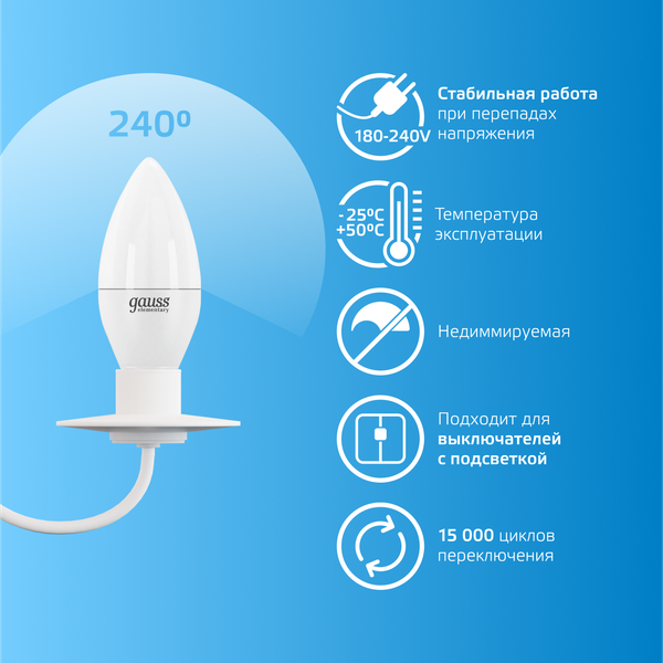 Изображение товара Лампа Gauss Elementary Candle E14 8W 6500K / 33138