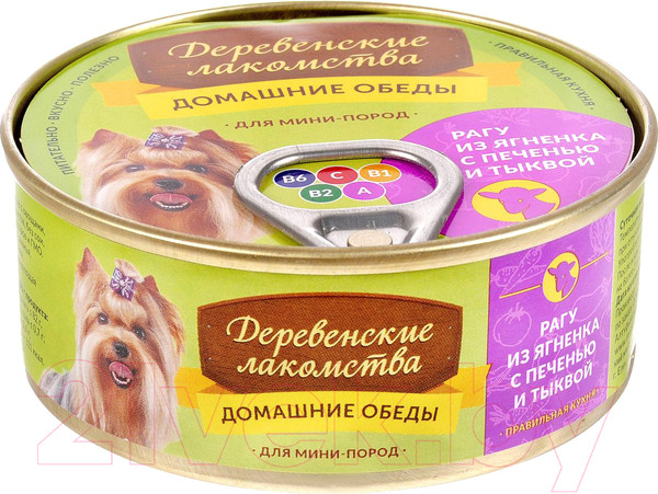 Изображение товара Влажный корм для собак Деревенские лакомства Домашние обеды рагу из ягненка с печенью и тыквой (100г)