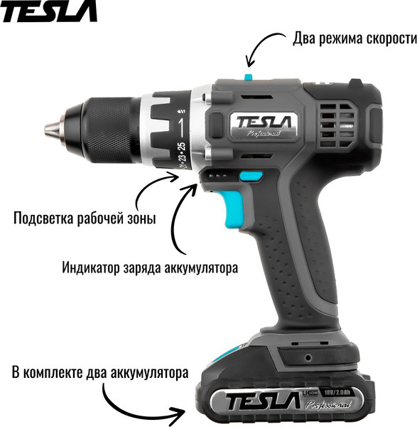 Изображение товара Аккумуляторная дрель-шуруповерт Tesla TCD182DC (621377)