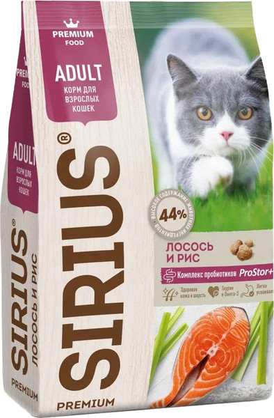 Изображение товара Сухой корм для кошек Sirius Для взрослых кошек с лососем и рисом (400г)