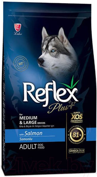 Изображение товара Сухой корм для собак Reflex Plus для средних и крупных пород с лососем (15кг)