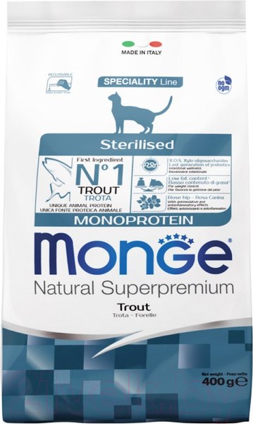 Изображение товара Сухой корм для кошек Monge Monoprotein Sterilized Trout (400г)