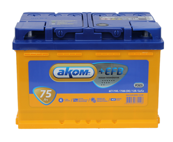 Изображение товара Автомобильный аккумулятор AKOM 6СТ-75 +EFB (75 А/ч)