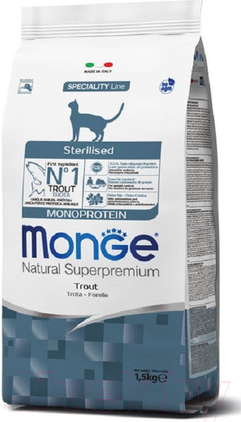Изображение товара Сухой корм для кошек Monge Monoprotein Sterilized Trout (1.5кг)