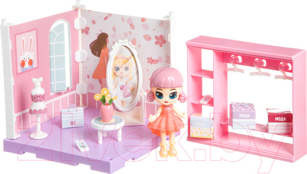 Изображение товара Комплект аксессуаров для кукольного домика Bondibon Кукольный уголок и куколка Oly. Гардеробная / ВВ4493