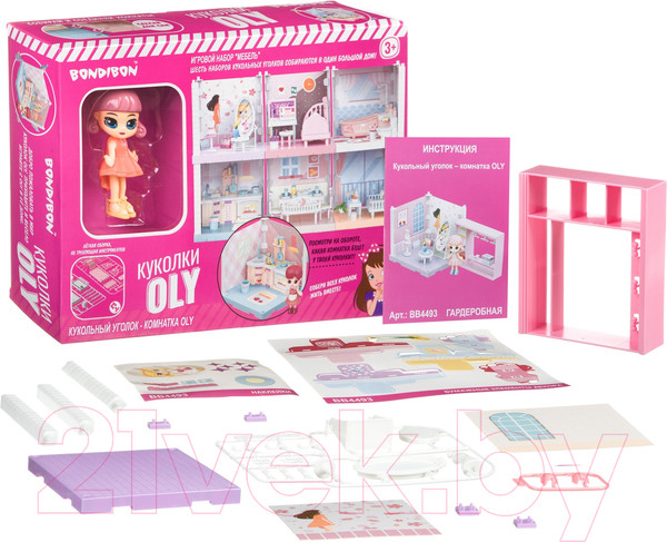 Изображение товара Комплект аксессуаров для кукольного домика Bondibon Кукольный уголок и куколка Oly. Гардеробная / ВВ4493