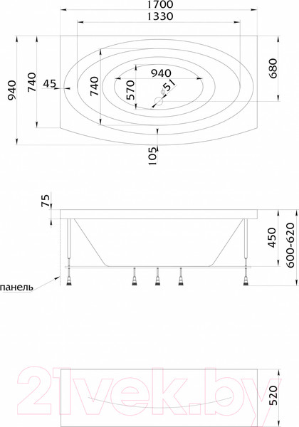 Изображение товара Ванна акриловая 1Марка Nega 170x95 (с каркасом и экраном)
