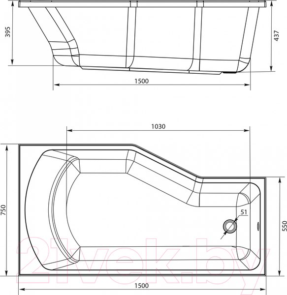 Изображение товара Ванна акриловая 1Марка Convey 150x75 R (с ножками и экраном)