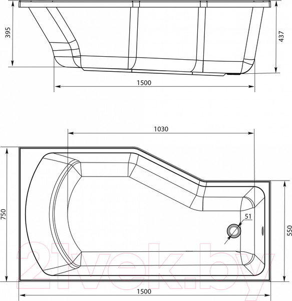 Изображение товара Ванна акриловая 1Марка Convey 150x75 R (с ножками)