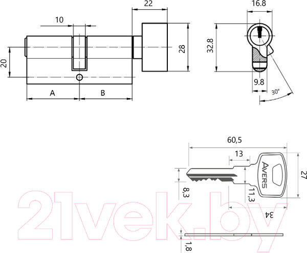 Изображение товара Цилиндровый механизм замка Avers ZC-70-C-G