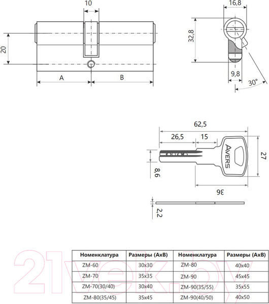 Изображение товара Цилиндровый механизм замка Avers ZM-60-CR