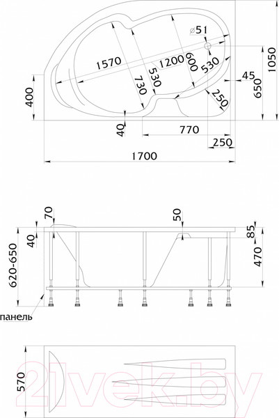 Изображение товара Ванна акриловая 1Марка Diana 170x105 L (с каркасом и экраном)