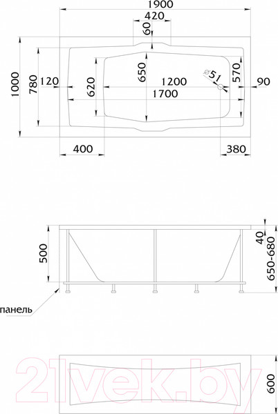Изображение товара Ванна акриловая 1Марка Korsika 190x100 (с каркасом и экраном)