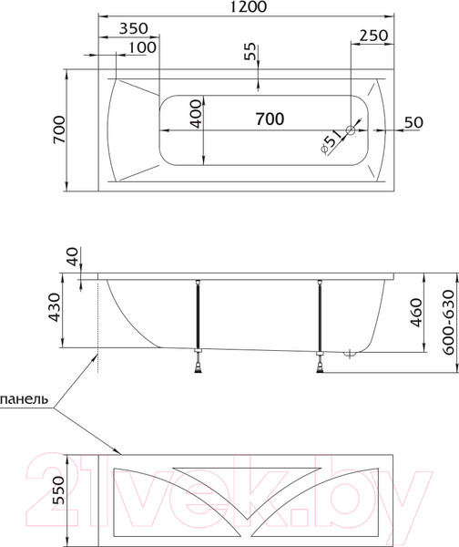 Изображение товара Ванна акриловая 1Марка Modern 120x70 (с ножками)