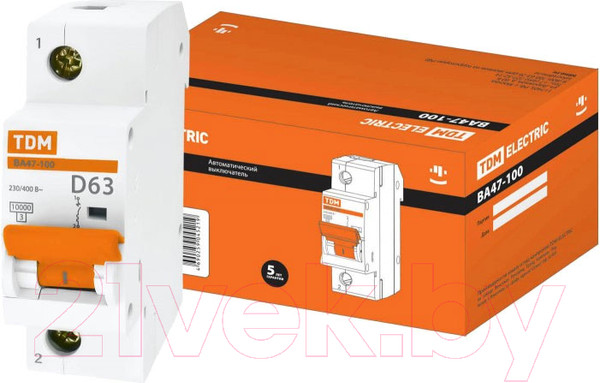 Изображение товара Выключатель автоматический TDM ВА 47-100 1Р 63А (D) 10кА / SQ0207-0009