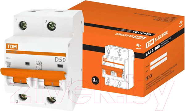 Изображение товара Выключатель автоматический TDM ВА 47-100 2Р 50А (D) 10кА / SQ0207-0019