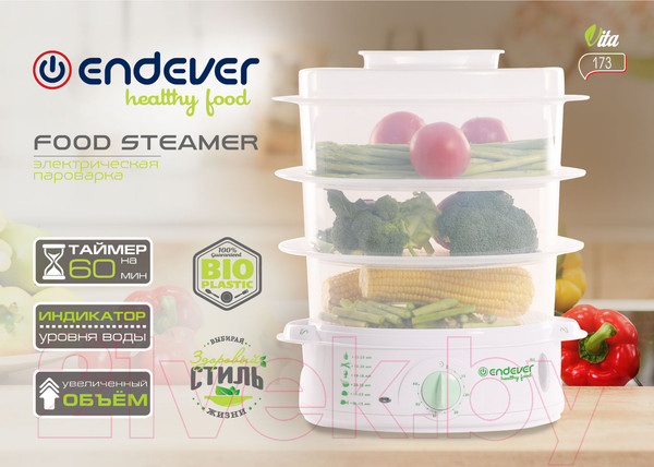 Изображение товара Пароварка стационарная Endever Vita-175 (белый/зеленый)