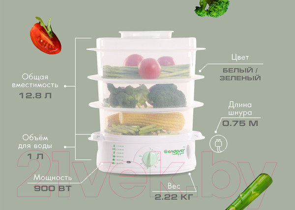 Изображение товара Пароварка стационарная Endever Vita-175 (белый/зеленый)