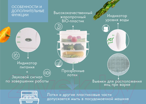 Изображение товара Пароварка стационарная Endever Vita-175 (белый/зеленый)