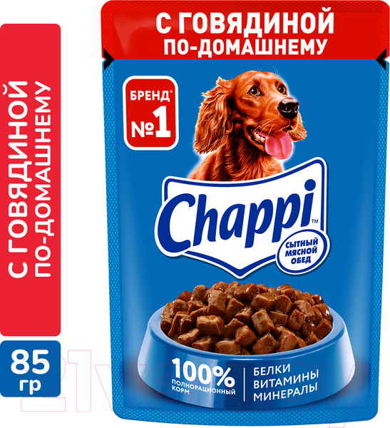 Изображение товара Влажный корм для собак Chappi Сытный мясной обед. С говядиной по-домашнему (85г)