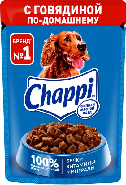 Изображение товара Влажный корм для собак Chappi Сытный мясной обед. С говядиной по-домашнему (85г)