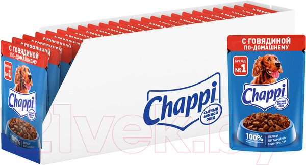 Изображение товара Влажный корм для собак Chappi Сытный мясной обед. С говядиной по-домашнему (85г)