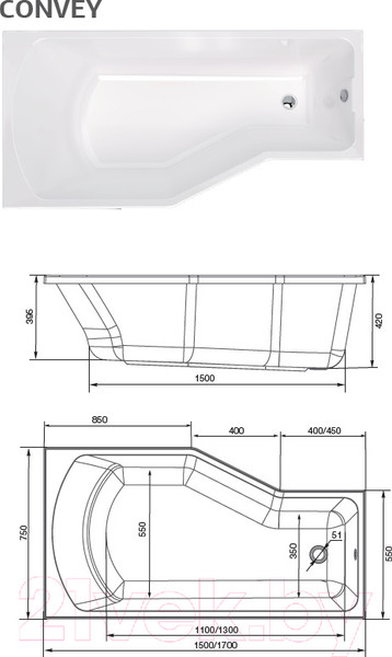 Изображение товара Ванна акриловая 1Марка Convey 170x75 L
