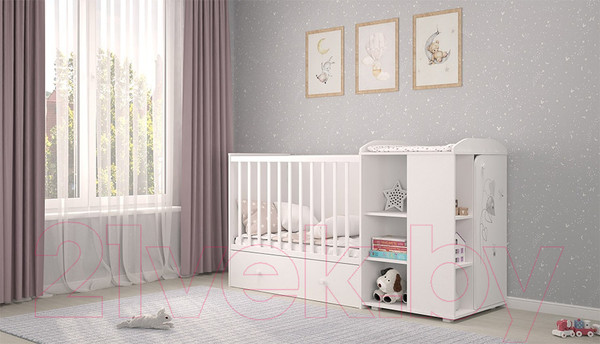 Изображение товара Детская кровать-трансформер Polini Kids French 800 Amis с комодом (белый)