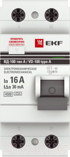 Изображение товара Устройство защитного отключения EKF PROxima ВД-100 2P 16А 30мА / elcb-2-16-30-em-pro