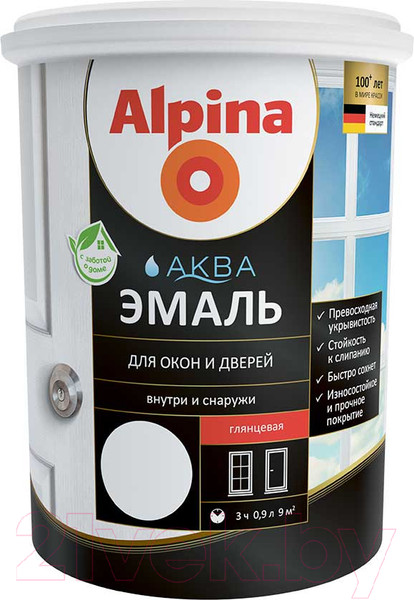 Изображение товара Эмаль Alpina Аква для окон и дверей глянцевая (900мл, белый)