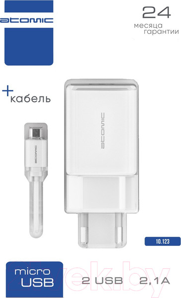 Изображение товара Зарядное устройство сетевое Atomic U400 (с кабелем microUSB, белый)