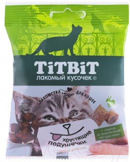 Изображение товара Лакомство для кошек TiTBiT Хрустящие подушечки с сыром и паштетом из кролика / 13922 (30г)